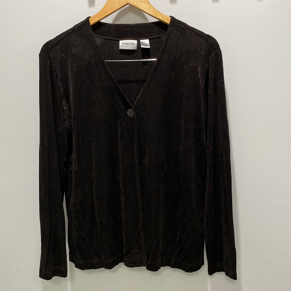 Chicos Size 2 Travelers collection one button cardigan top brown/black